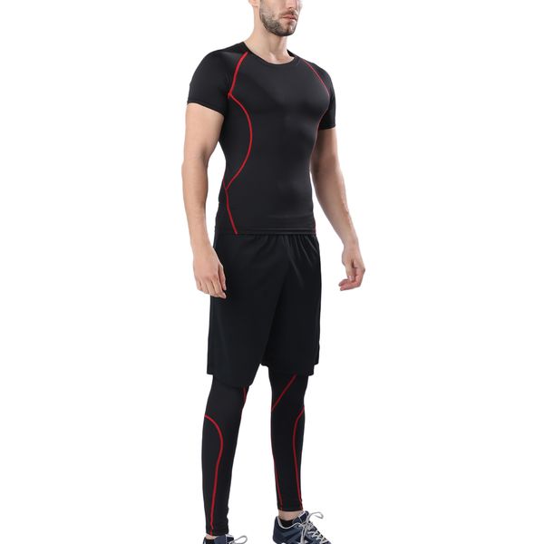 

men compression sports running set with compression t-shirt loose fitting shorts tight leggings pants for running cycling hiking, Black;blue
