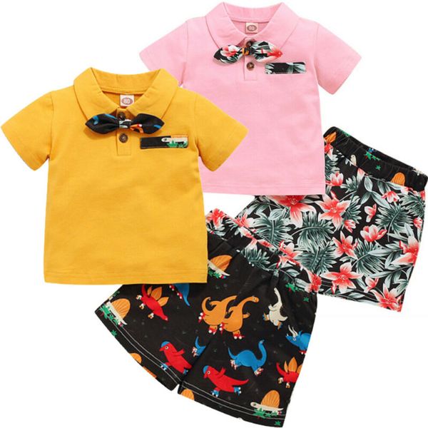 

1-4y toddler kids baby boy gentleman clothes sets print short sleeve shirt shorts pants formal outfit, White