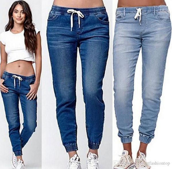 

designer women jeans solid color drawstring slim jeans fashion loose capris femme clothing bloom pants relaxed casual apparel, Blue