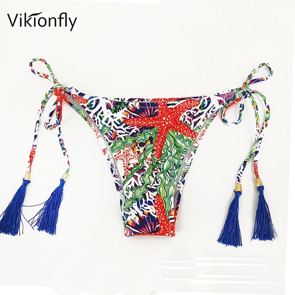 

vikionfly brazilian bikini bottom swim briefs for women printed floral tassels micro thong swimsuit swimwear, White;black