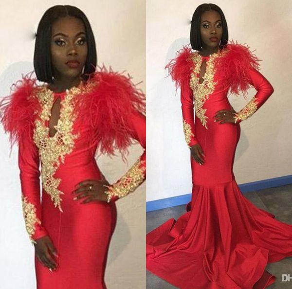 

african red mermaid prom dresses long sleeves gold appliques feathers satin formal evening dress black women pageant party gowns custom, Black;red