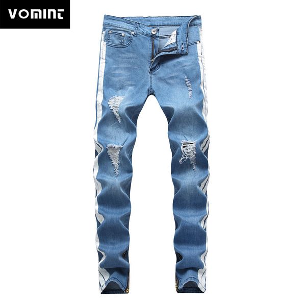 

мужские джинсы мода high street hole jeans national tide мужские стрейч тонкие ноги брюки светло-синий горячий оптовый большой размер 28-38, Blue