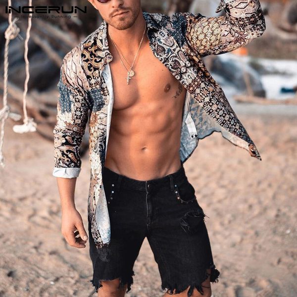 

incerun vintage print men shirt long sleeve ethnic style breathable lapel streetwear camisa beach hawaiian brand shirts men 2020, White;black