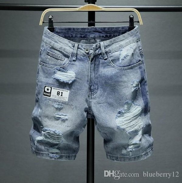 

summer mens denim shorts casual distrressed hole streetwear male jeans plus size asian size 28-36 ing, Blue