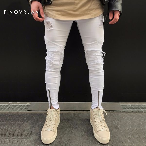 

2018 new men white jeans stretch destroyed ripped design fashion ankle zipper skinny jeans for men, Blue