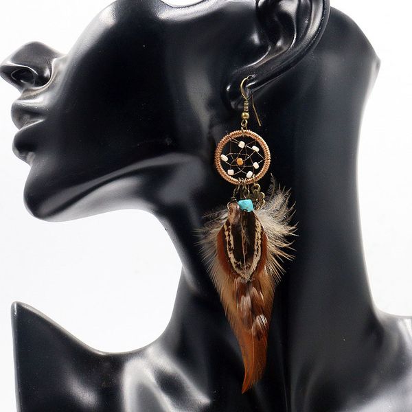 

ethnic long bohemia feather beaded earrings for women dreamcatcher round wood indian gypsy hippie earrings boucle d'oreille, Golden