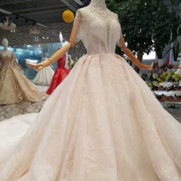 

crystal queens wedding dresses elegant high neck beads open back wedding gown 2019 with long train international design applique bridal gown, White