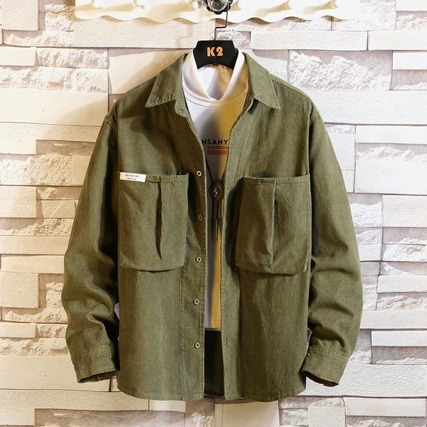 

men's dress shirts 2021 autumn shirt man will code pocket split joint male leisure time long sleeve lining corduroy loose coat, White;black