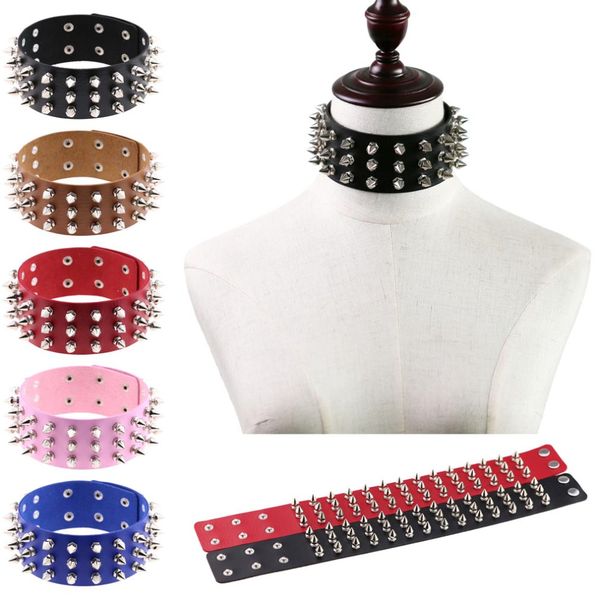 

sell women men gothic rock black pu leather choker necklaces 3-rows silver studs rivet collar necklaces