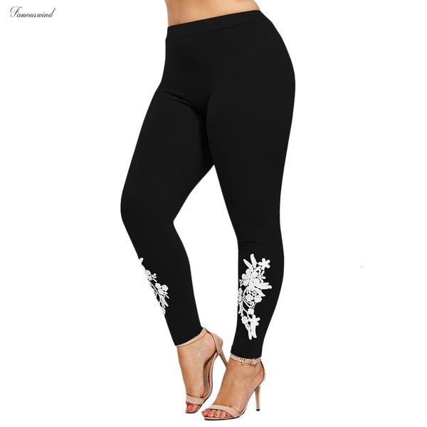 

women fashion leggings plus size 5xl appliqued skinny jersey casual floral print mid waist large size trouser pencil pant, Black