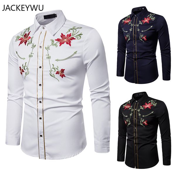

brand men shirt high grade floral embroidery dress shirt slim fit casual long sleeve shirts eu size xxl camisa masculina, White;black