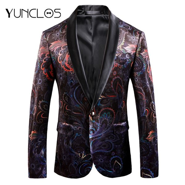 

yunclos 2019 autumn velveteen men blazer slim printed wedding suit jackets for men blazer jackets americana hombr, White;black