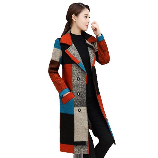 

women's wool & blends women autumn winter coat warm patchwork mid-long female coats fashion jacket outwear plus size, Black