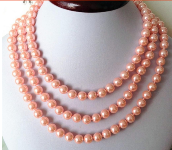 

hand knotted 8mm round pink shell pearl fashion necklace long 137cm, Silver