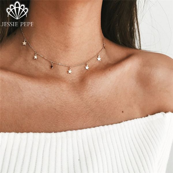 

jessiepepe new boho women choker gold silver chain star choker necklace for women party gift #nl439, Golden;silver