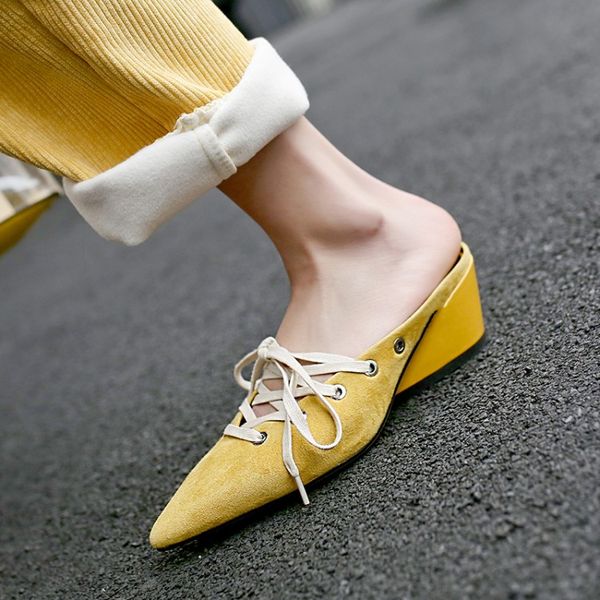 

2019 summer new suede mules pointed toe fashion wedge shoes slip-on slippers women shoes, Black