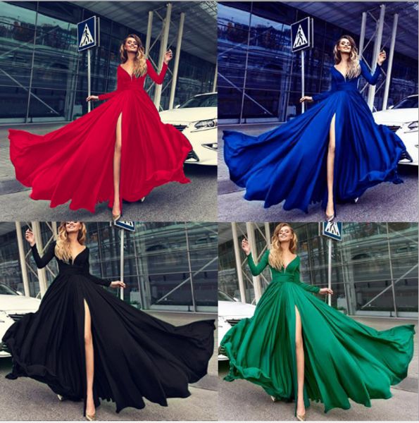 

xunyang deep v-neck evening dresses long sleeves abiye evening gowns blow sashes vestido de festa 2019 5-color available, White;black