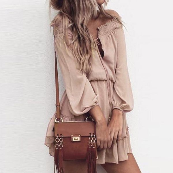 

women casual slash neck dress chiffon lace beach dress tassel solid ruffle mini long sleeve off shoulder beach holiday, Black;gray