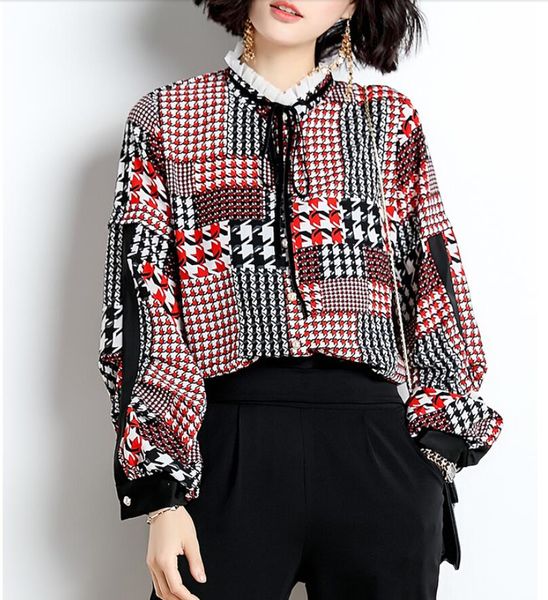 

peter pan collar houndstooth print chiffon shirt women loose long sleeve women vintage spring elegant blouses, White