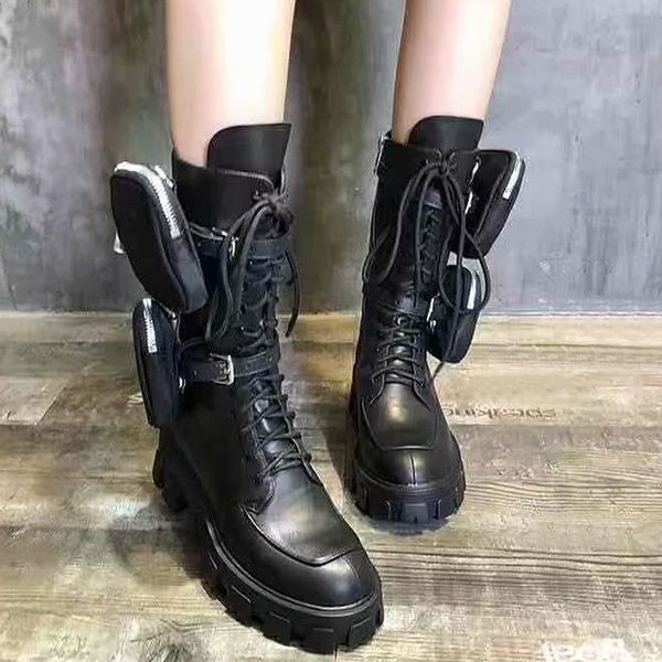 

britishprada 2020 autumn and winter new muffin thick-bottomed tube martin boots military boots leather locomotive lace-up booties trend, Black