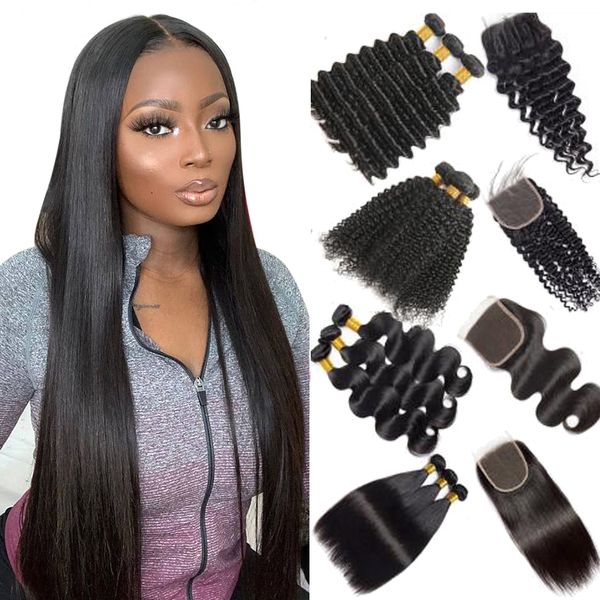 2019 9a Brazilian Deep Wave 3 Bundles With Lace Closure Frontal