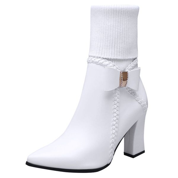 

pointed head boot 2019 winter white leather high heel warm bow wool women's boots square heel shoes plus size 43 british style, Black