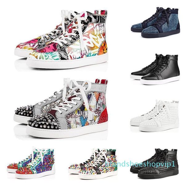 

2019 red bottoms designer shoes men women fashion luxury rivet glitter sneakers for party wedding genuine leather studded shoes x1, Black