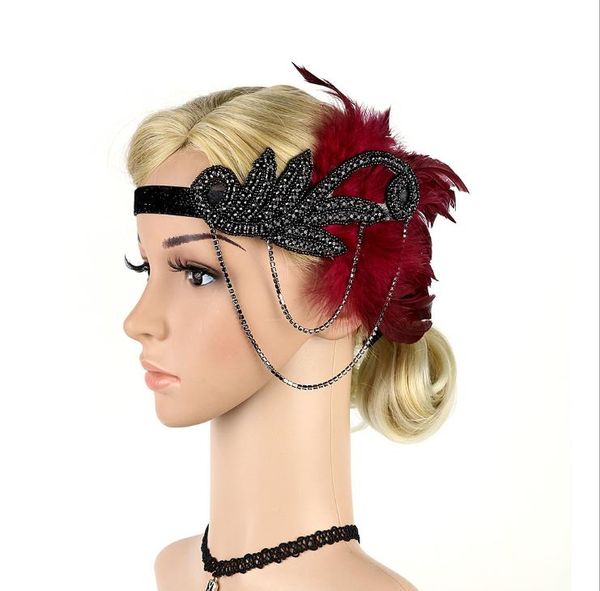 

european and american fringed feather drill bit with hair band boutique headdress hair band, Silver