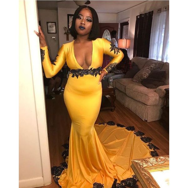 

long sleeve mermaid prom dresses 2023 deep v neck long prom gowns black appliques yellow spandex prom dresses