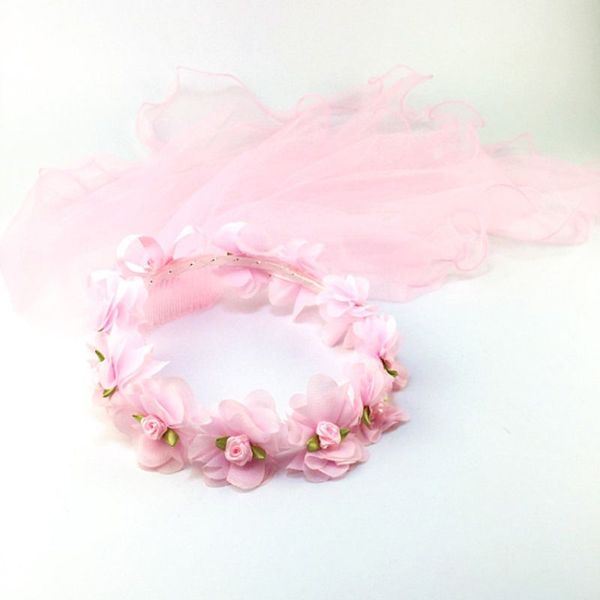 

girls mesh veil wedding crown artificial candy color petals flower hairband wreath ribbon bowknot first communion headwear comb