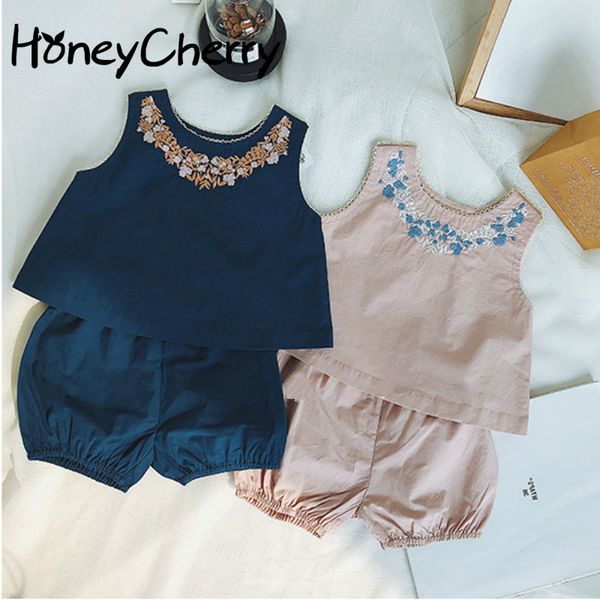 

girls set 2020 summer children's new baby embroidered vest shorts two-piece set toddler girl clothes t200613, White
