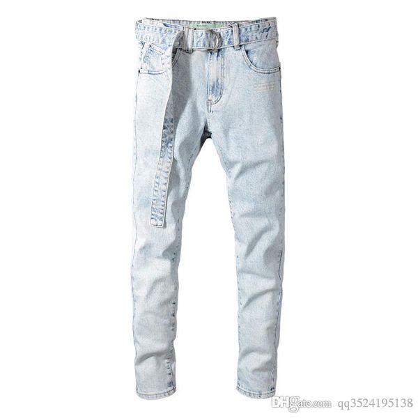 

европейские и американские дома мод джинсы мужская мода ретро снег мыть микро упругие тонкие легкие белые джинсы, Blue