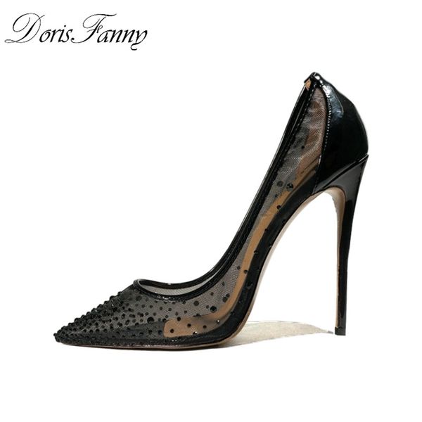 

dorisfanny black high heels wedding shoes womens pumps size 13 12 see through pointed toe ladies shoes