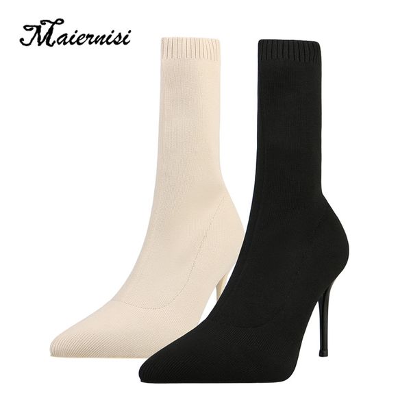 

maiernisi spring autumn stretch sock shoes women sock boots mid-calf ladies boots high heel lycra plus size women shoes, Black