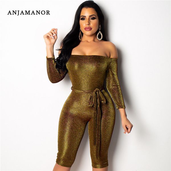 

anjamanor off shoulder long sleeve glitter bodycon rompers womens jumpsuit overall shorts 2019 clubwear playsuit d90-bz39, Black;white