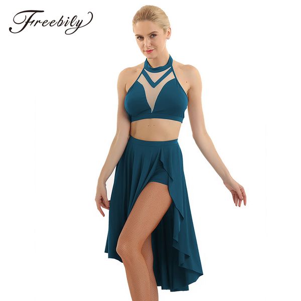 

women ballet dress leotard asymmetric contemporary lyrical dance dress sleeveless backless crop with built in shorts skirt, Black;red