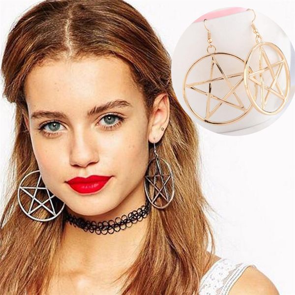 

imixlot big round pentagram star earrings gothic ear hook drop earrings for women pendientes fashion jewelry, Silver