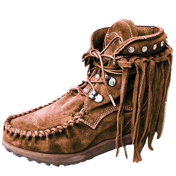 

tassel western women's short booties rome solid large size lace-up low flat heels fringe short boots plus size shoes 35- 43, Black