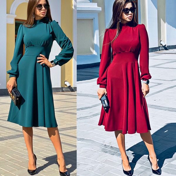 

fashion turtleneck princess dress women vintage solid long sleeve knee a-line dresses 2020 vestidos elegant evening party dress, Black;gray