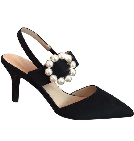

high heels pearl buckle real leather shoes women designer pumps wedding shoes size 34 to 40 7cm 9cm tradingbear, Black