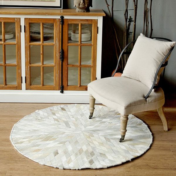 Luxury Cowhide Seamed Round Rug Pure White Natrual Cowskin Chequer