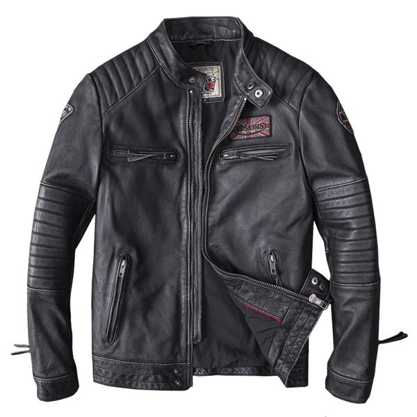 

drop shipping 2019 new men black skull embroidery genuine leather coats motorcycle jacket real head layer cowhide 4xl
