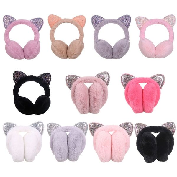 

brand new 2019 fashion women girl fur winter ear warmer earmuffs cat ear muffs earlap glitter sequin earmuffs headband newest, Blue;gray