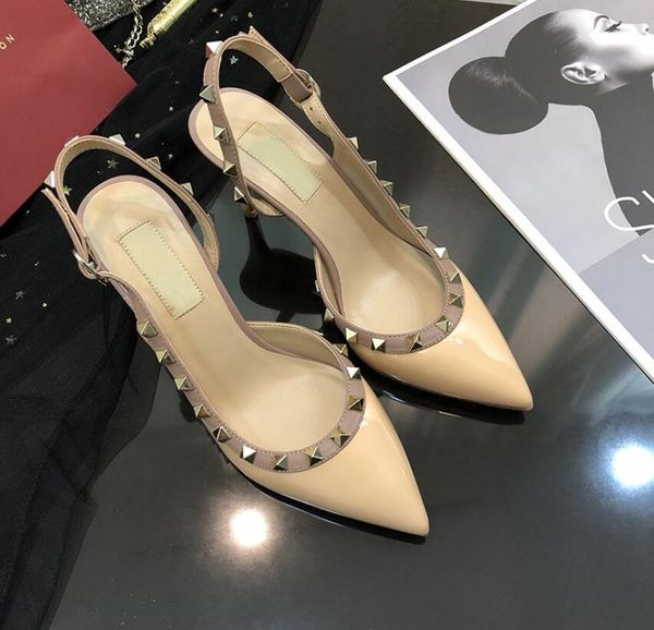 

fashion women pumps casual designer gold matt leather studded spikes slingback high heels shoes, Black