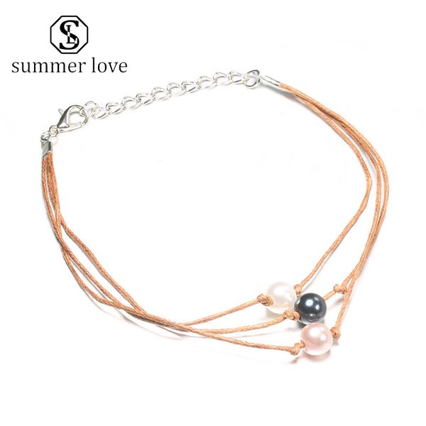 

new fashion 3 colors pearl pendant multilayer anklet for women handmade woven wax rope anklet boho adjustable summer beach jewelry gift-y, Red;blue