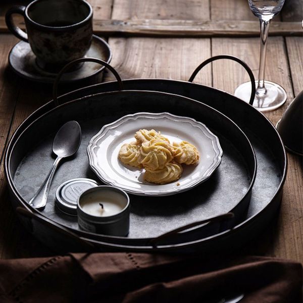 

vintage antique metal plate with handles handcrafted wrought storage bread tray