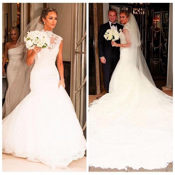 

Elegant Lace Appliques Slim Mermaid Wedding Dresses High Collar Church Romantic White Appliqued Cap Sleeves Long Ruched Bridal Gowns Formal