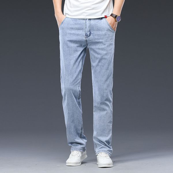 

2020 summer autumn new men thin jeans business smart casual stretch loose denim pants blue gray trousers male brand large size