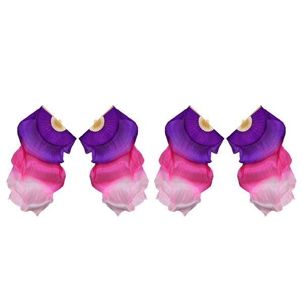 

4 pieces silk folding hand fan with long veil for belly dance, Blue