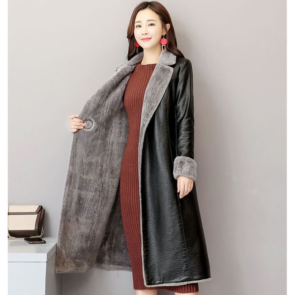 

women's leather & faux women elegant coat genuine winter plus velvet thick lambskin jacket female high-end large size long parka 52, Black